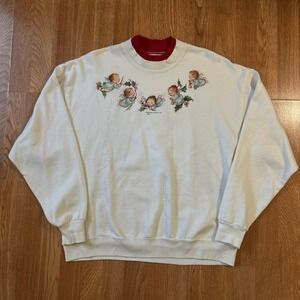 Vintage Morning Sun Hallmark Angels Christmas Sweatshirt 1999 Cream Large